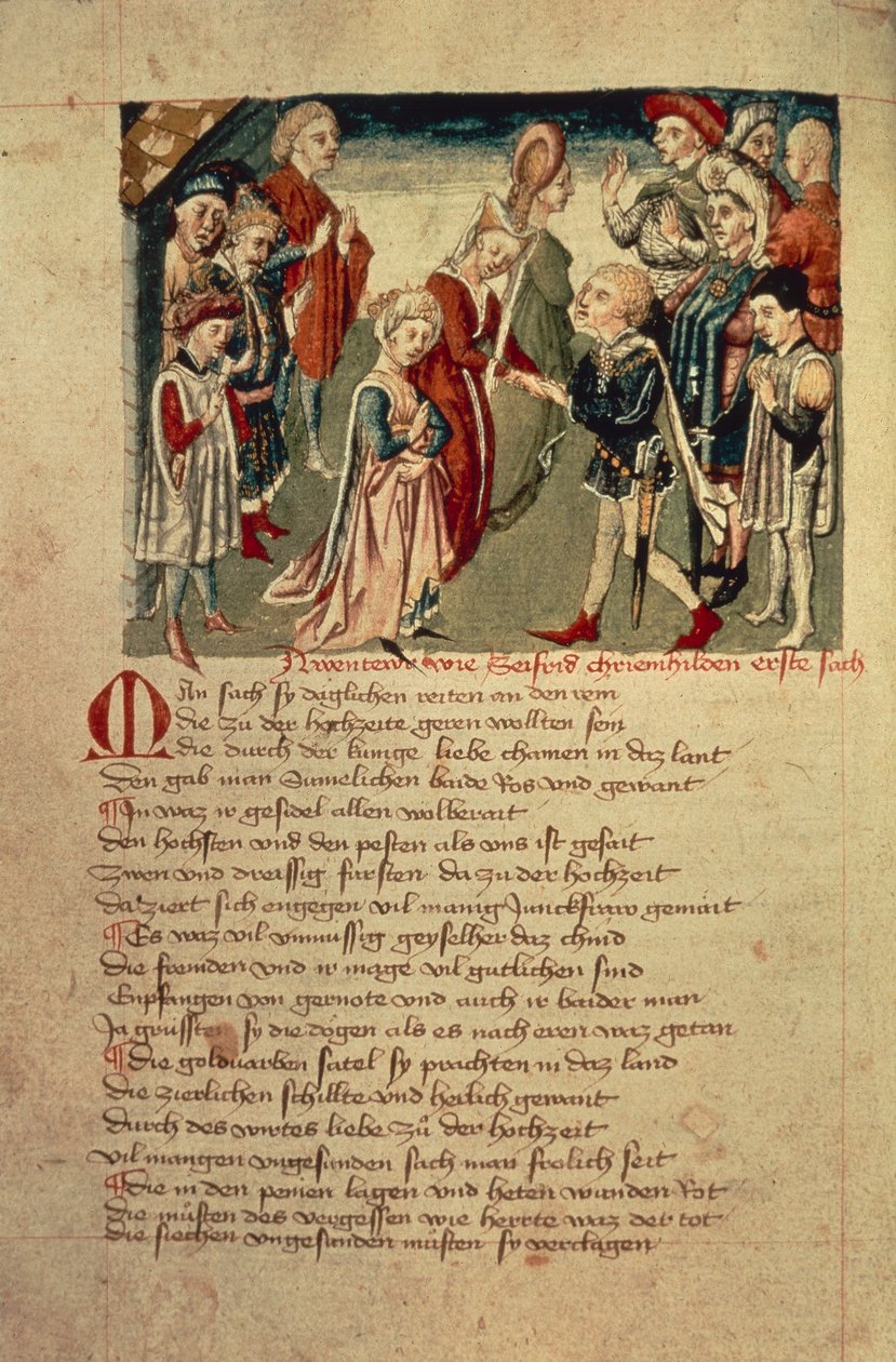 Siegfried poprvé vidí Kreimhild, z „Hundeshagen Nibelungen Codex“ (vellum) od German School