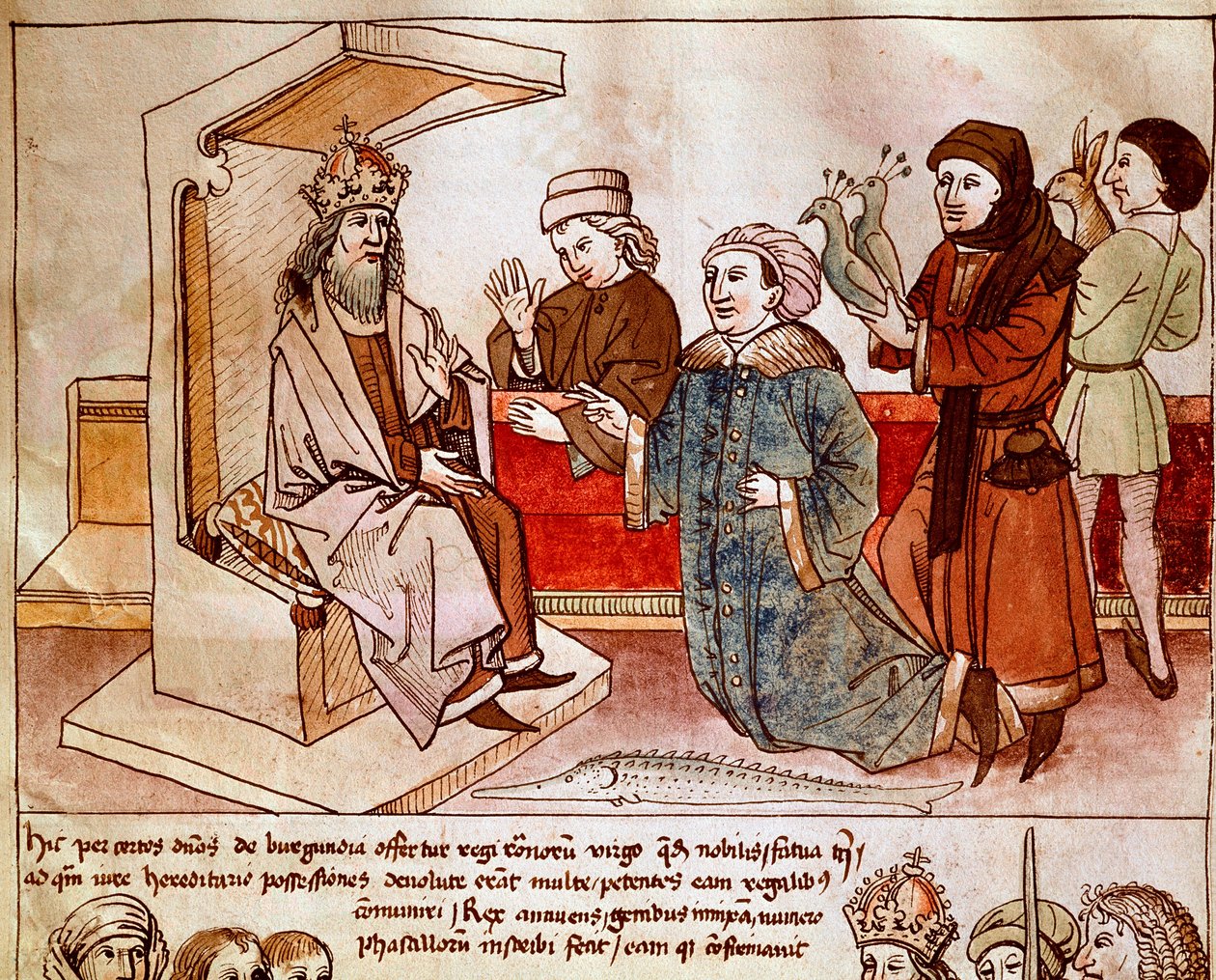 Zikmund I. Lucemburský (1368-1437), císař Svaté říše, přijímá hold podřízených národů. Miniatura z „Kroniky kostnického koncilu“ od Ulricha Richentala (1360-1437) 1438 přibližně Praha, národní knihovna od German School