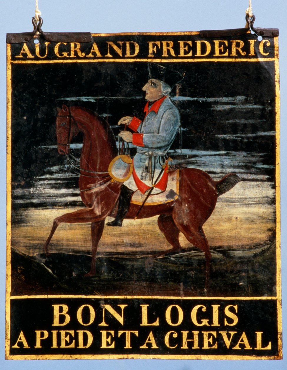 Rozcestník s Frederickem Velikým na koni pro Inn Le Cadiot, konec 18. století (malovaný kov) od German School