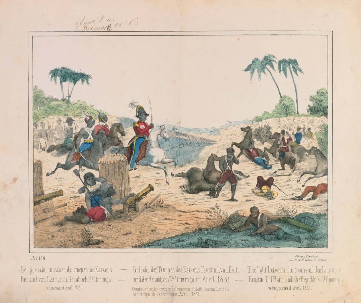 Střetnutí mezi vojsky haitského císaře Fuastina I. a Dominikánské republiky Santo Domingo v dubnu 1851, obrazový leták vydaný Friedem. Schulz Verlag, Stuttgart, 1851 od German School