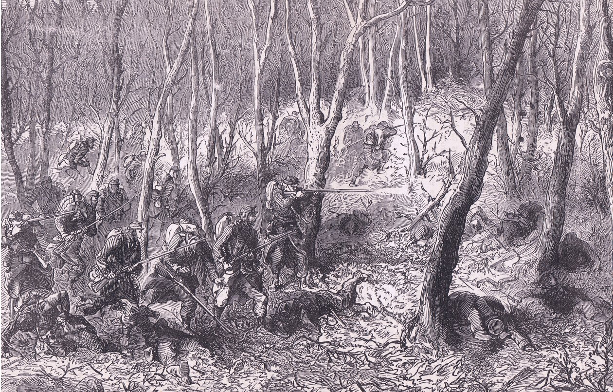 Potyčka v lesích u Paříže, Cassells History of the War between France and Germany vydané nakladatelstvím Cassell and Company Limited, kolem roku 1890 (litho) od German School