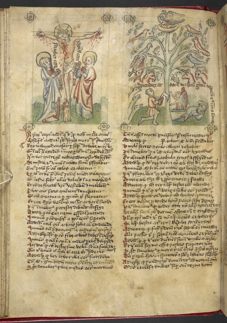 Sloane 361, f.26v Nabuchodonozor vidí strom ve snu; Ukřižování, z 