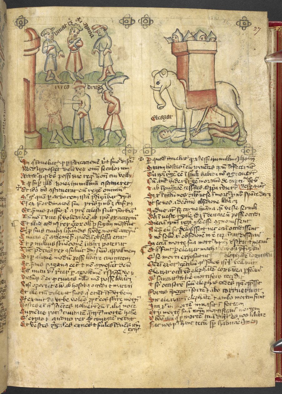 Sloane 361, f.27 Král Codrus se vydává, aby byl zabit pro svůj lid, a Eleazar Makabejský bodal slona a byl jím rozdrcen, ze 