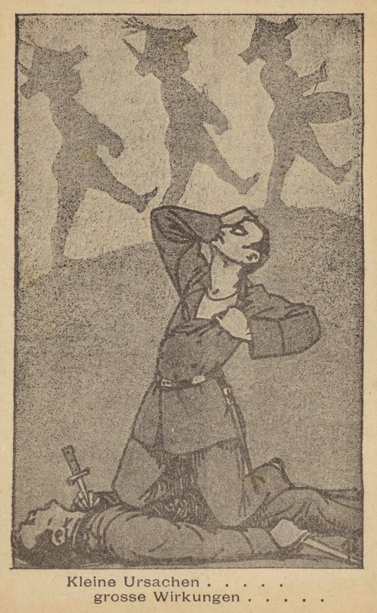 Malé příčiny mají velké účinky. Německá protiválečná ilustrace, vydala WILPF (Mezinárodní ženská liga pro mír a svobodu), konec 20. let 20. století (litografie). od German School