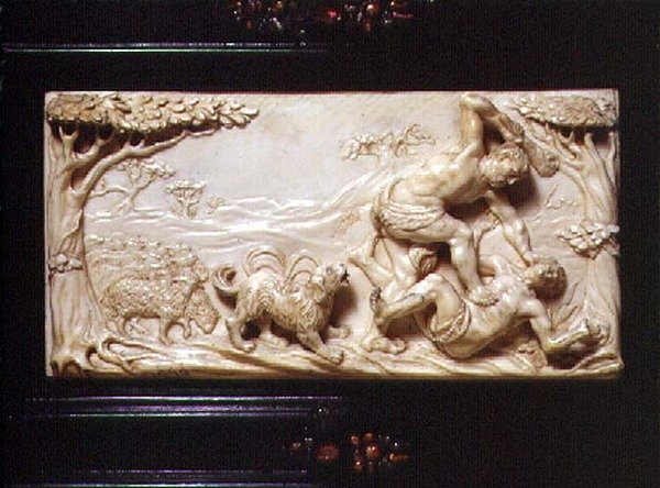 Jihoněmecký Kunstcabinet, detail vyřezávané desky zobrazující Kaina a Ábela, 1690 od German School