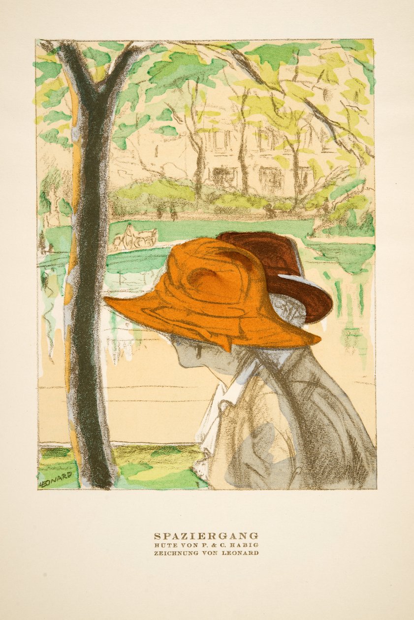"Spaziergang", reklama na klobouky P  C Habig, z časopisu Styl, pub.1922 (pochoárový tisk) od German School