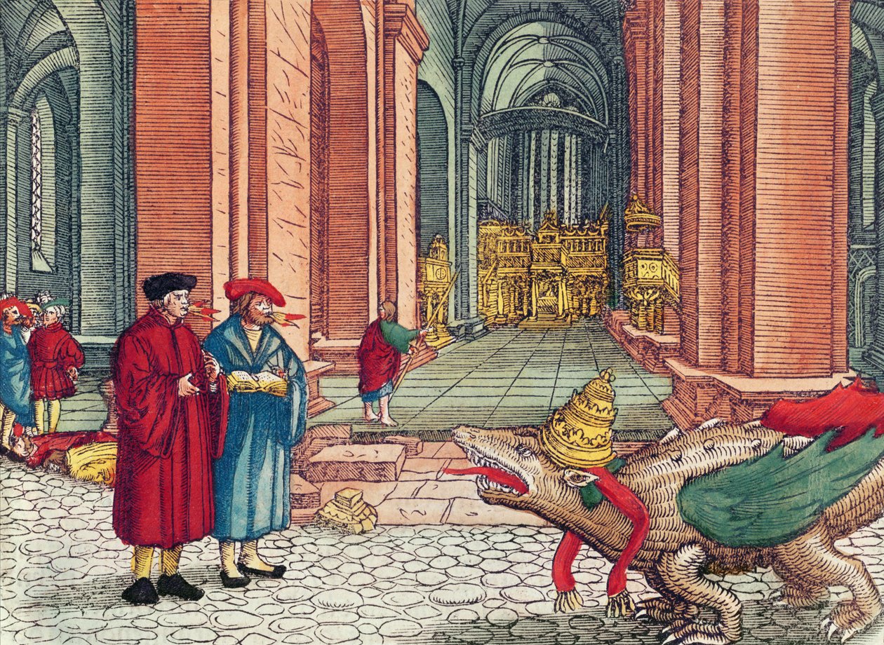 Mluvení jazyky, Letnice, z Lutherovy bible, kolem roku 1530 (barevný dřevoryt) od German School