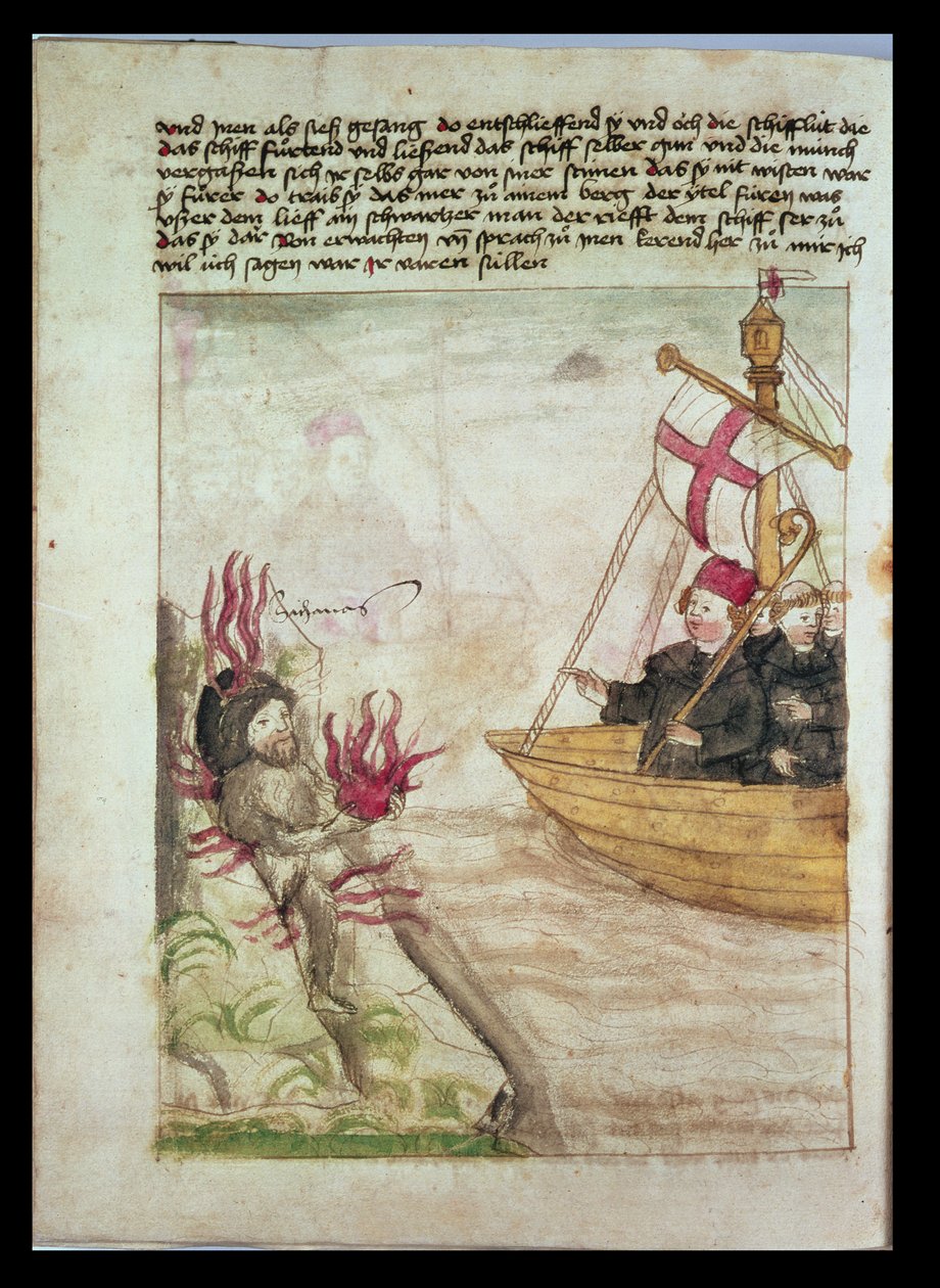 Svatý Brendan na své lodi, z německého překladu The voyage of St Brendan Abbot, c.1476 od German School