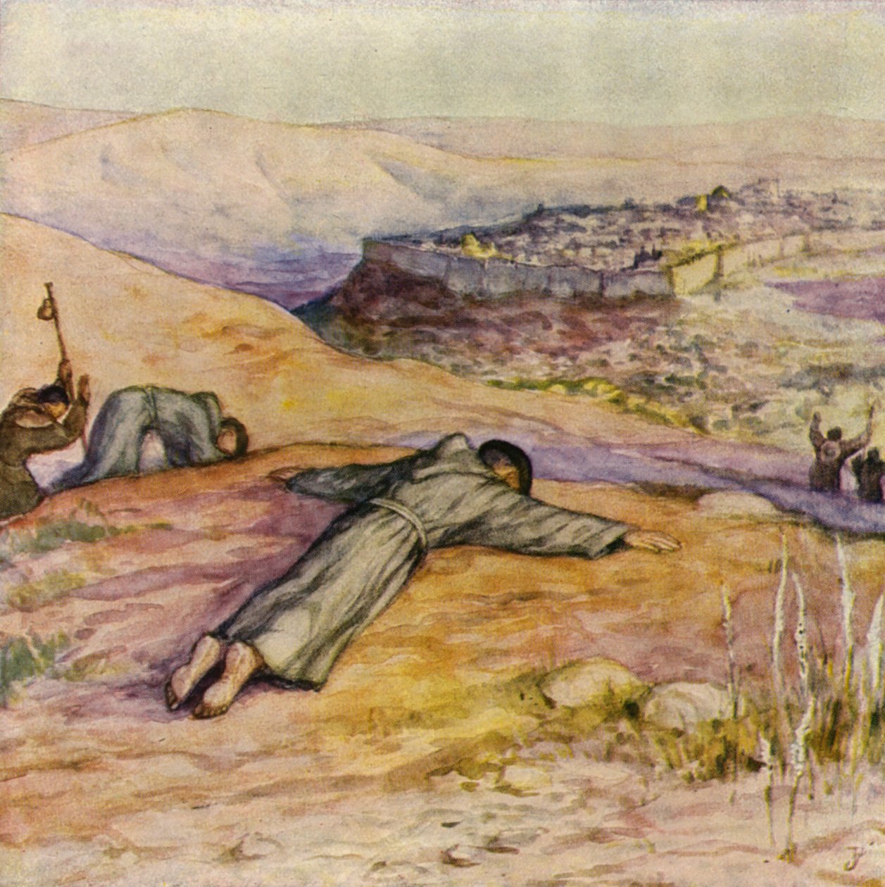 Svatý František přijíždí do Jeruzaléma (barevná litografie) od German School