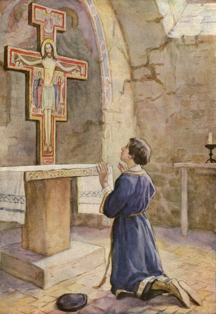 Svatý František před ikonou Ukřižovaného Krista v kostele San Damiano (barevná litografie) od German School