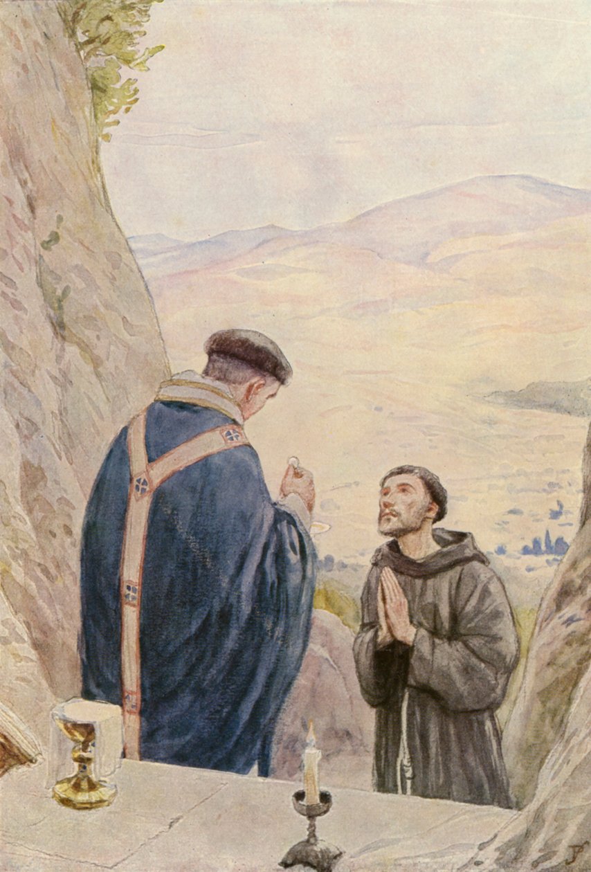 Svatý František při mši s bratrem Lvem (barevná litografie) od German School