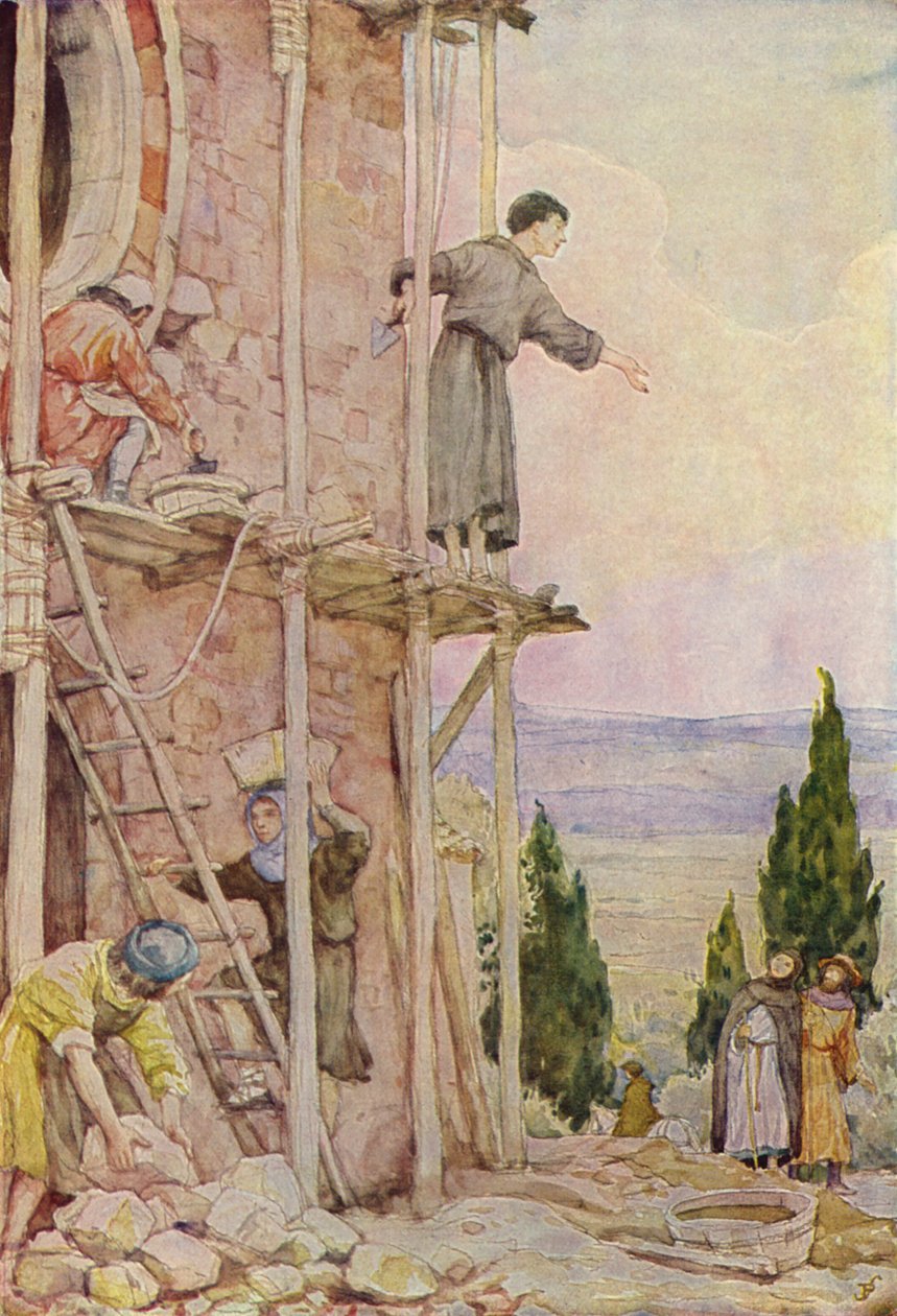 Svatý František při obnově kostela San Damiano (barevná litografie) od German School