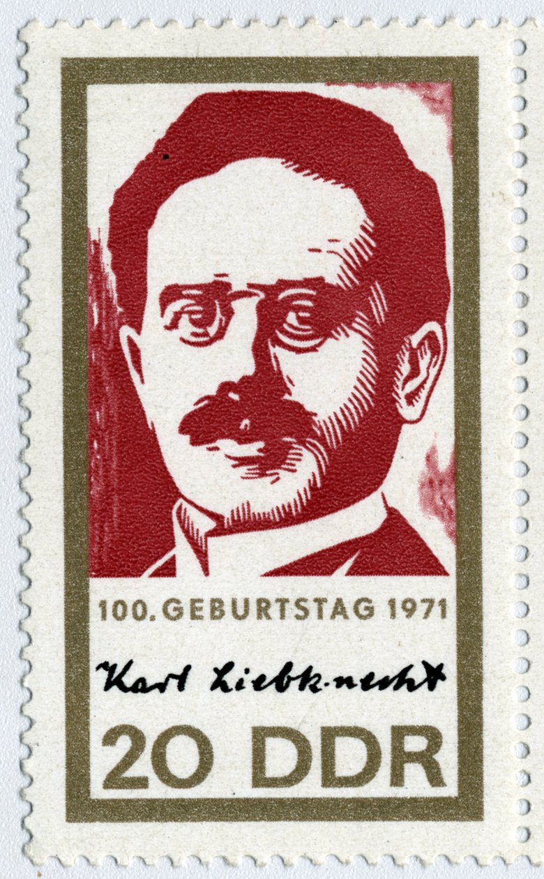 Známka představující Karla Liebknechta (1871-1919), německého revolučního komunistu, jednoho ze zakladatelů spartakistického hnutí (Spartakismus nebo Německá sociálně demokratická strana). od German School