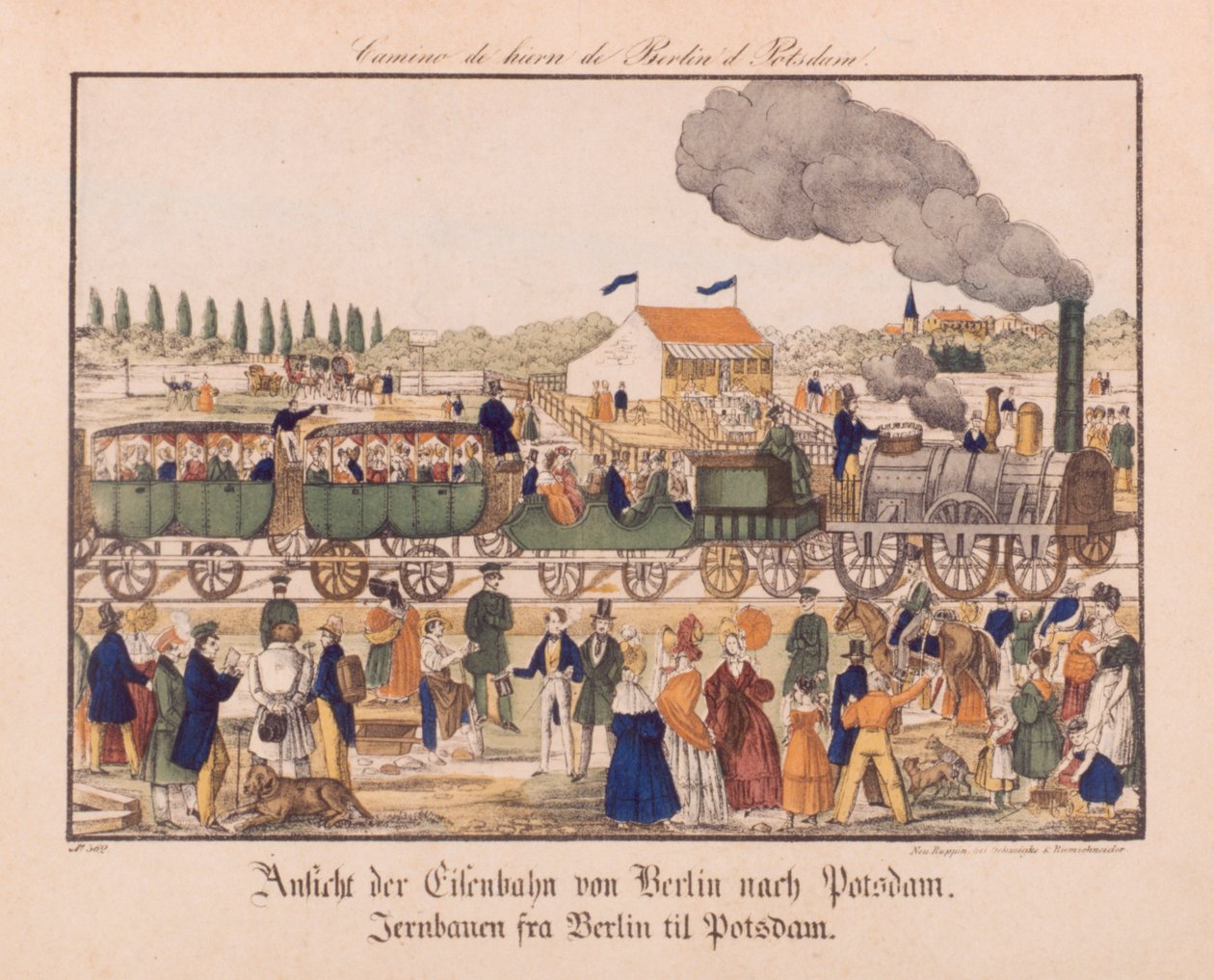 Parní železnice mezi Berlínem a Postupimí, Neuruppiner Bilderbogen, cca 1840 od German School
