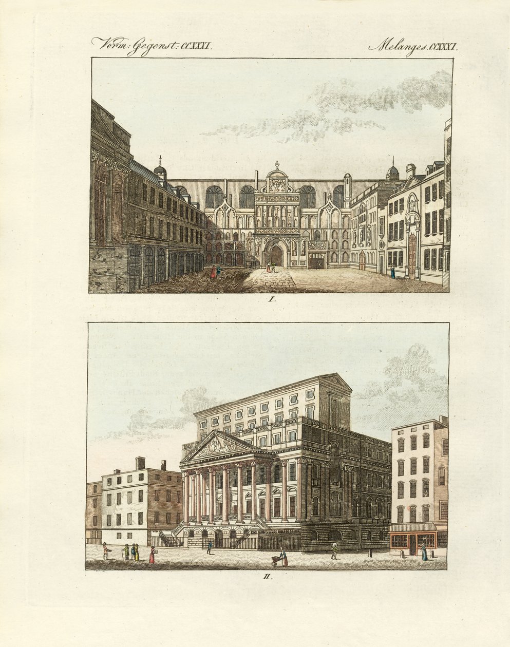 Podivné veřejné budovy v Londýně (barevná rytina) od German School