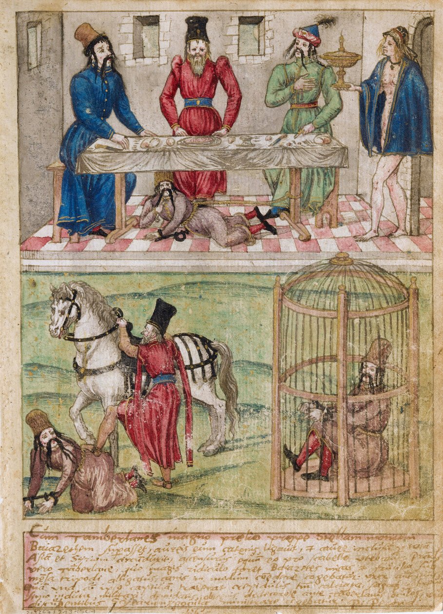 Sultan Bayezid (Bajazet) I (kolem 1360-1389) je zajat Tamerlánem (1336-1405) (nebo Timur Lang, ""Timur chromý") po bitvě u Ankary v roce 1402. Akvarel na pergamenu ze 16. století německý mistr. Soukromá sbírka od German School