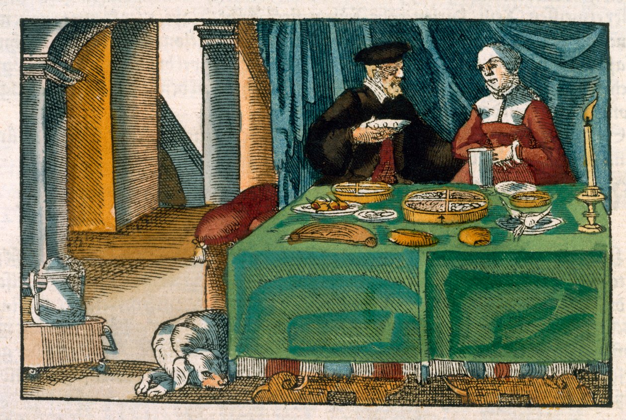 Jídelní stůl, z německého rukopisu, kolem 1650 (ručně kolorovaná rytina) od German School