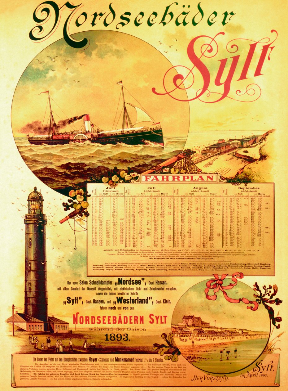 Koupaliště Sylt Severní moře, plakát propagující parní společnost Sylt, 1893 od German School