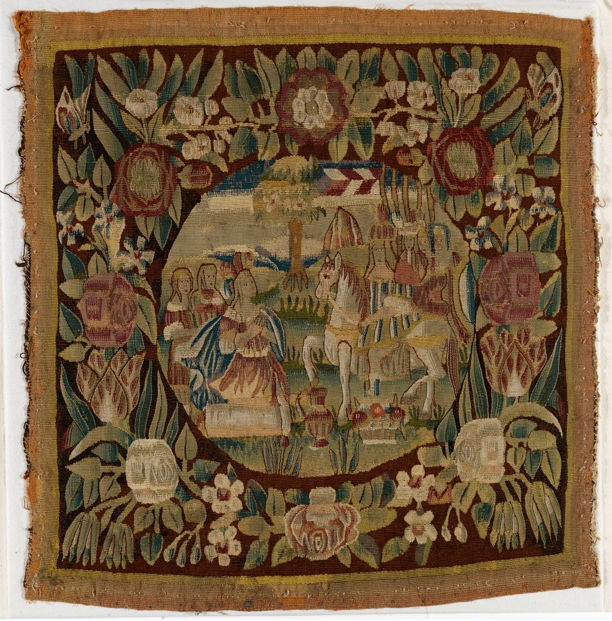 Gobelínový povlak na polštář s vyobrazením Davida a Abigail, Samuela XXV., vyrobený pravděpodobně v Hamburku, Německo, kolem roku 1615 (vlna) od German School