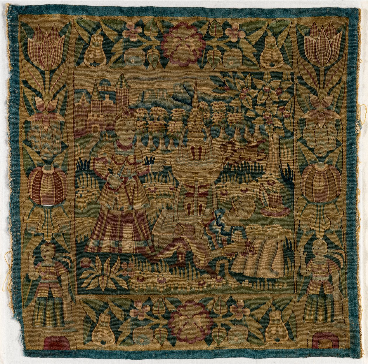 Gobelínový povlak na polštář zobrazující Pyramus a Thisbe, vyrobený v Hamburku, Německo, kolem 1615 (vlna) od German School