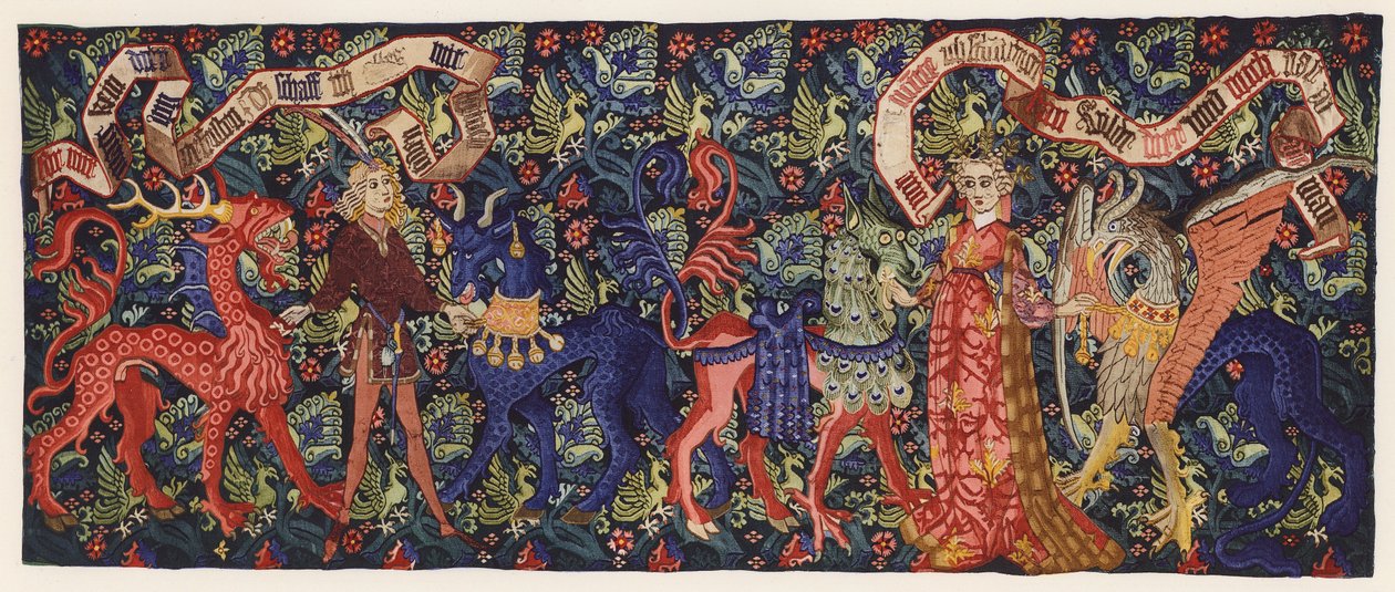 Tapiserie zobrazující dva milence a mýtické bytosti, Basilej, asi 1480 (barevná litografie) od German School