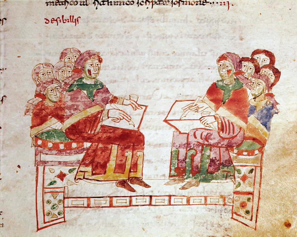 Výuková scéna v Miniaturní škole převzatá ze svazku "de Gymnasium" v "De Universo" (nebo De rerum naturis (De la Nature des Chooses)) (cod. 132) od Rabana Maura Magnentia (nebo Rabana Maura nebo Rabana Maura) ( cca 780-856). 9. století. Archiv od German School