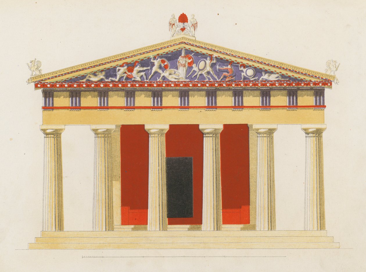 Chrám Aphaea, Aegina, Řecko (barevná litografie) od German School