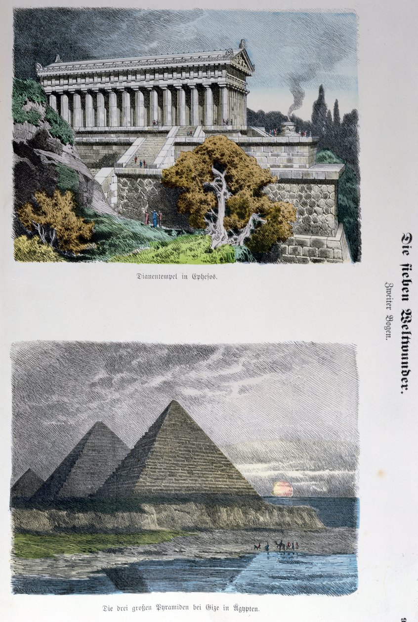 Dianin chrám v Efezu a pyramidy v Gíze, ze série Sedmi divů světa publikované v Munchener Bilderbogen, 1886 (barevná rytina) od German School