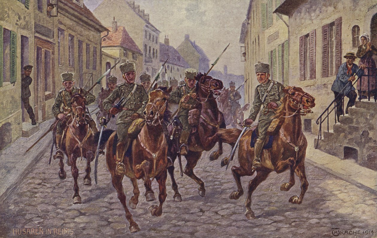 Dočasné obsazení města Remeš německými husary, 1. světová válka, 9. září 1914 (barevná litografie) od German School