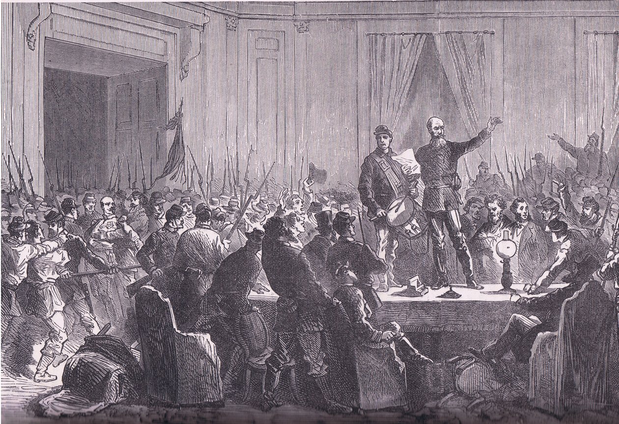 106. prapor národních gard doručující Trochu v Hotel De Ville, Cassells History of the War between France and Germany vydané nakladatelstvím Cassell and Company Limited, kolem roku 1890 (litho) od German School