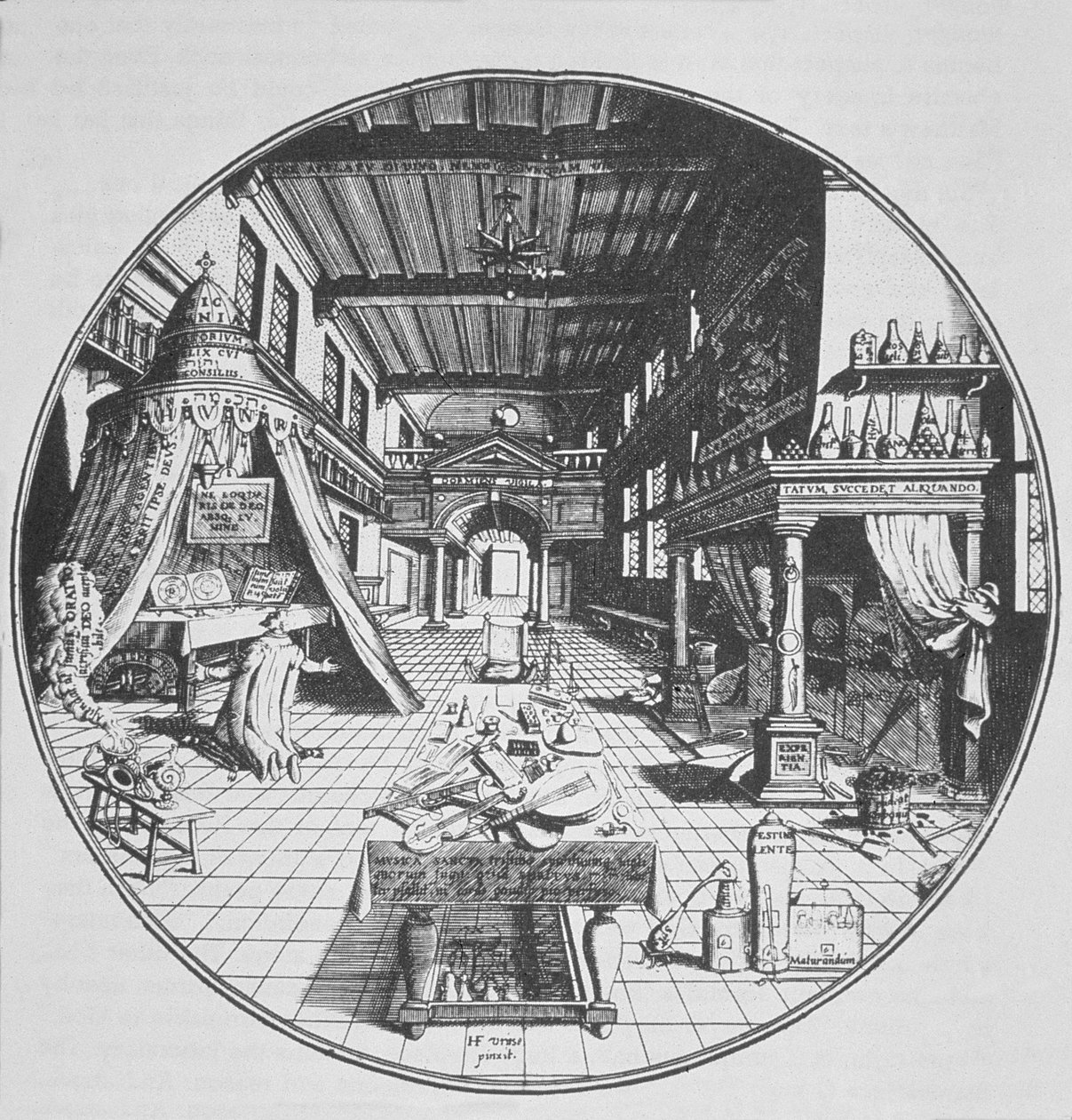 Alchymista ve své laboratoři z Amphitheatrum Aeternae Sapientiae od Heinricha Kunratha (1609) ilustrovaný v historii magie publikované koncem 19. od German School