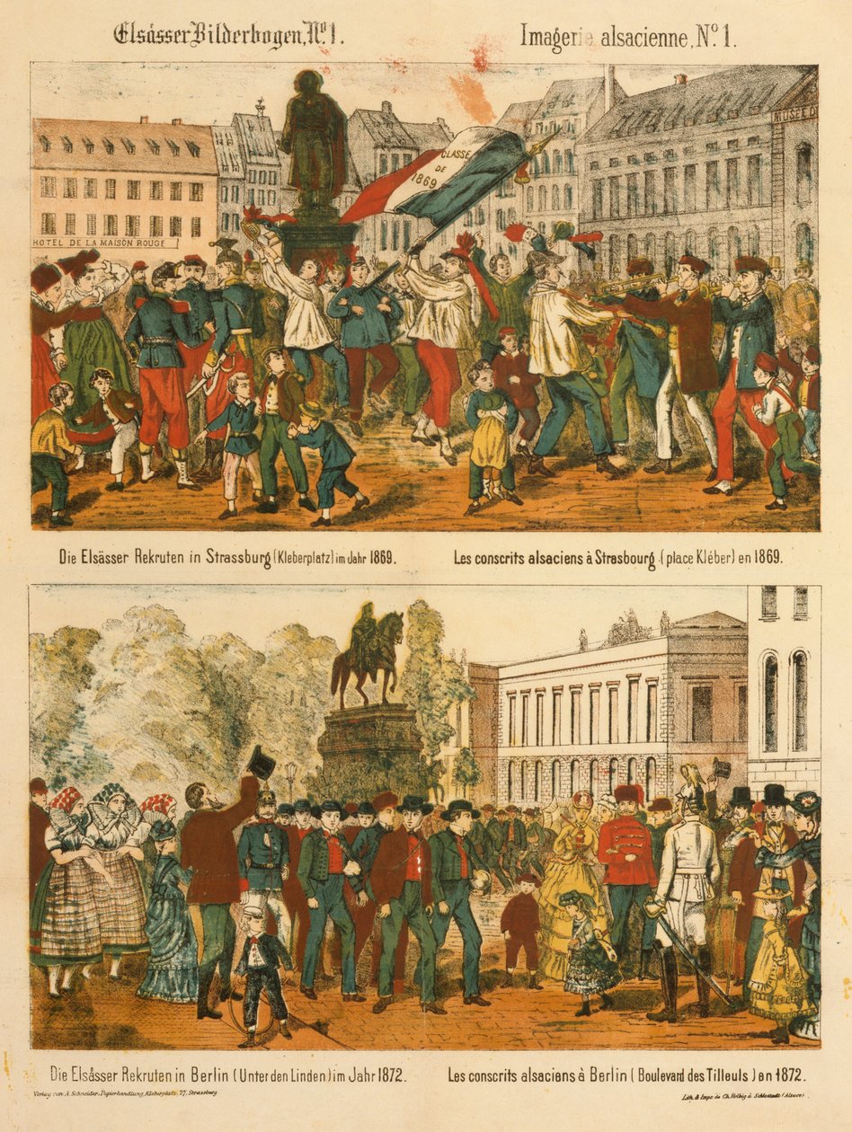 Alsaský rekrut ve Štrasburku (Kleberplatz) v roce 1869 a v Berlíně (Pod lipami) v roce 1872, z knihy Elsaesser Bilderbogen, vydal A. Schneider, Štrasburk, 1873. od German School
