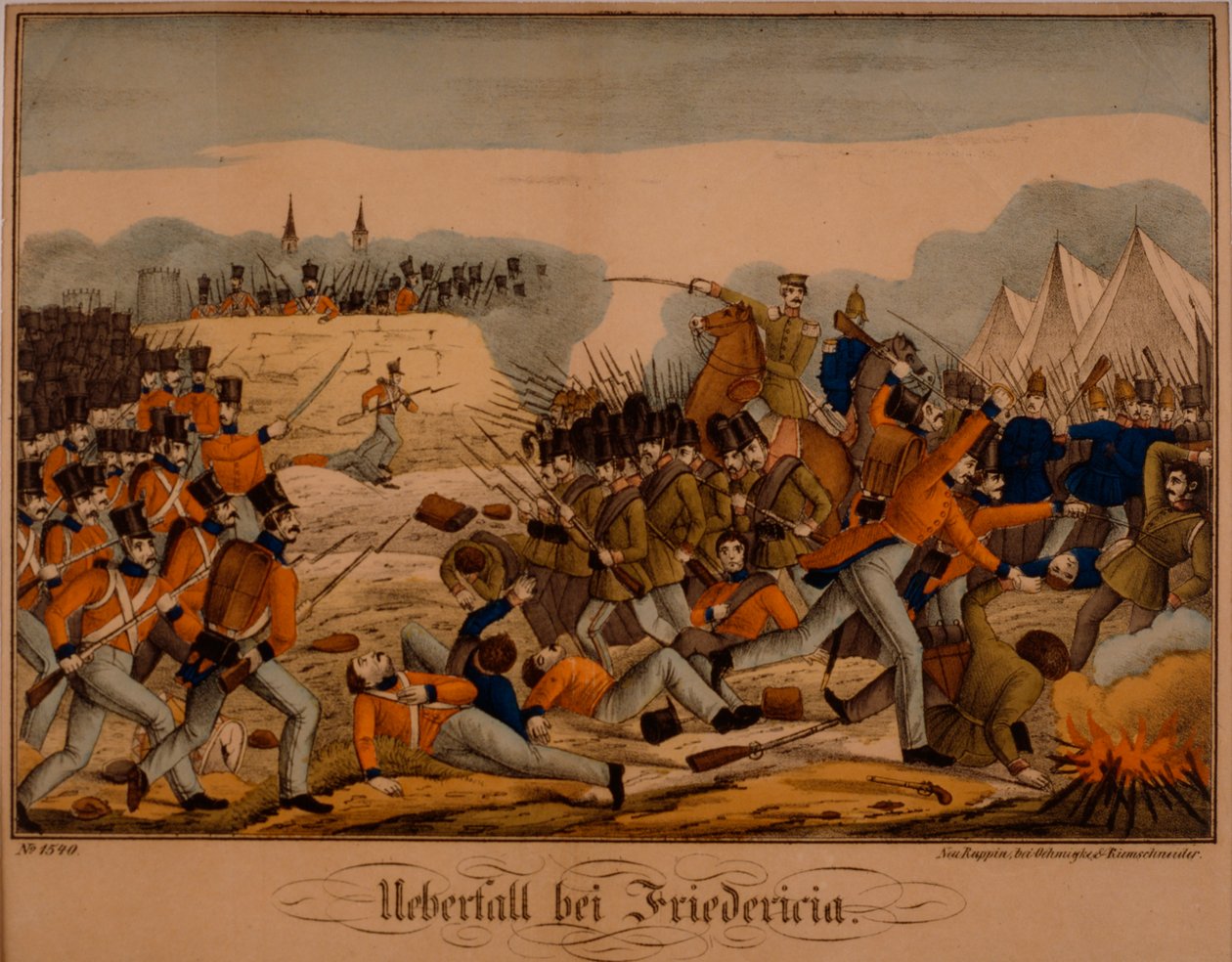 Bitva u Fredericie během první šlesvické války, 6. července 1849, Neuruppiner Bilderbogen, vydalo nakladatelství Oehmigke & Riemschneider, cca 1850 od German School