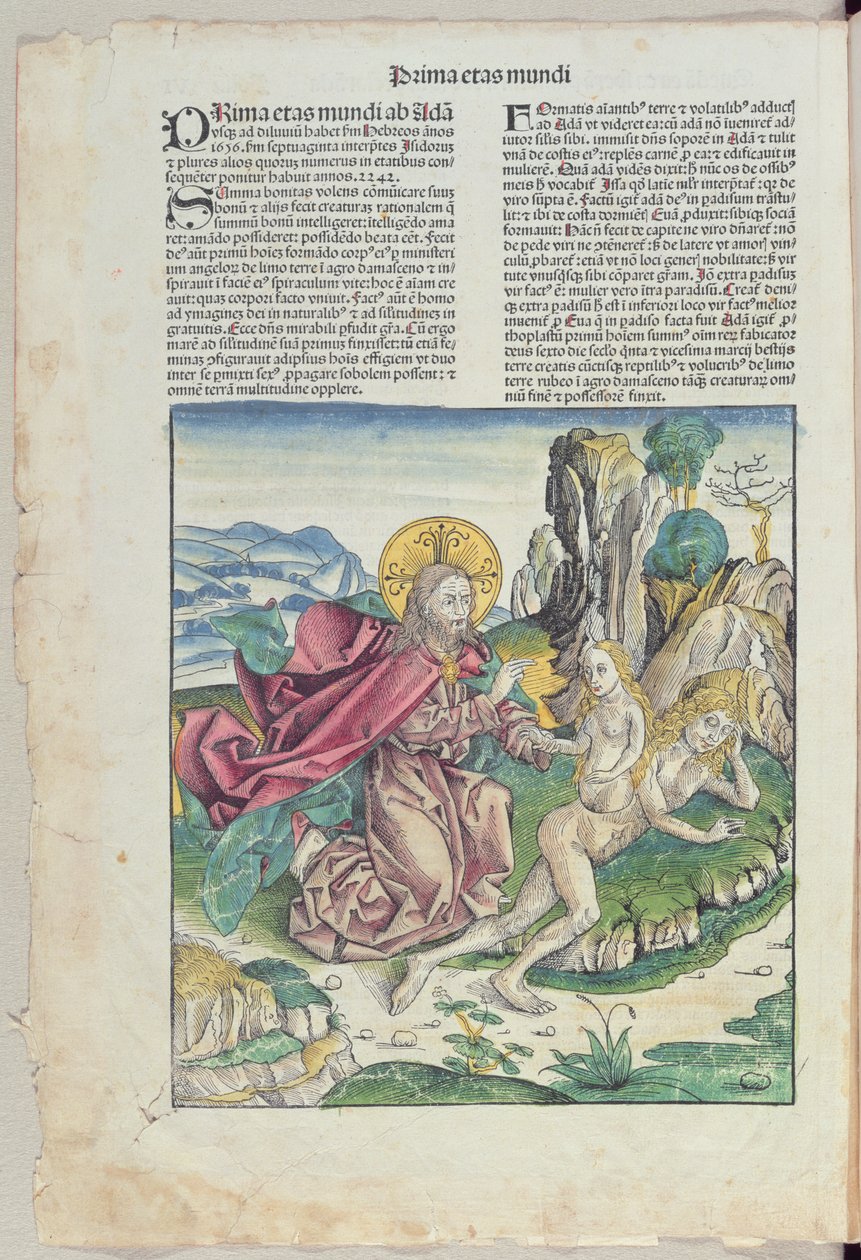 Zrození Evy z knihy "Liber Chronicarum" od Hartmanna Schedela (1440-1514) 1493 (barevný dřevoryt) od German School