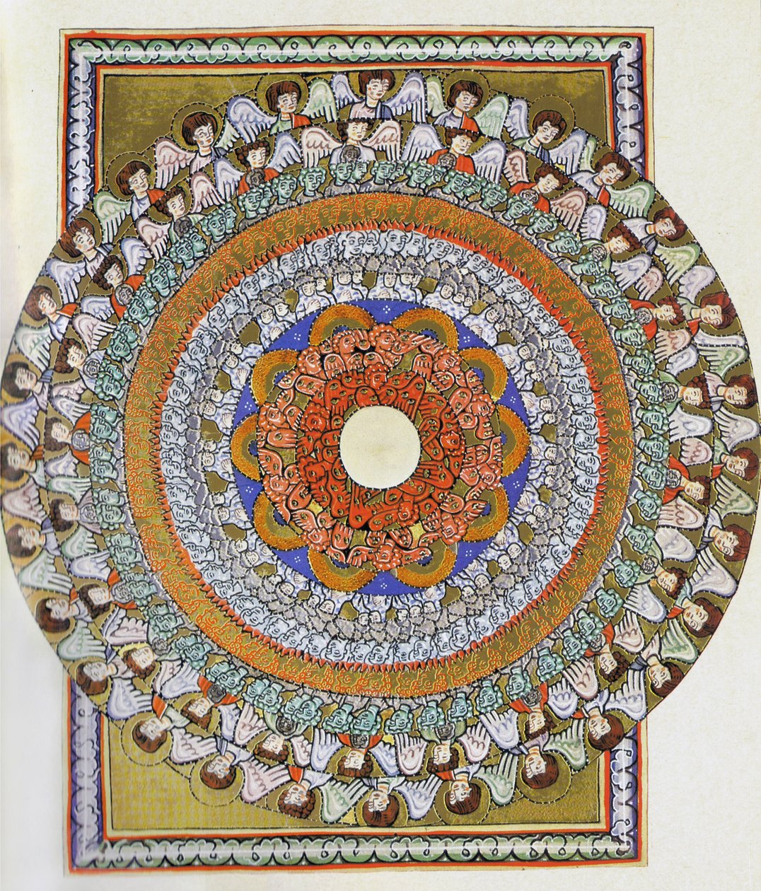 Sbor andělů. Miniatura z Liber Scivias od Hildegardy z Bingenu, kolem 1175 (akvarel na pergamenu) od German School