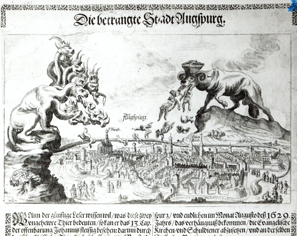 Město Augsburg nuceno přijmout katolickou nadvládu v roce 1629 (rytina) (černobílá fotografie) od German School