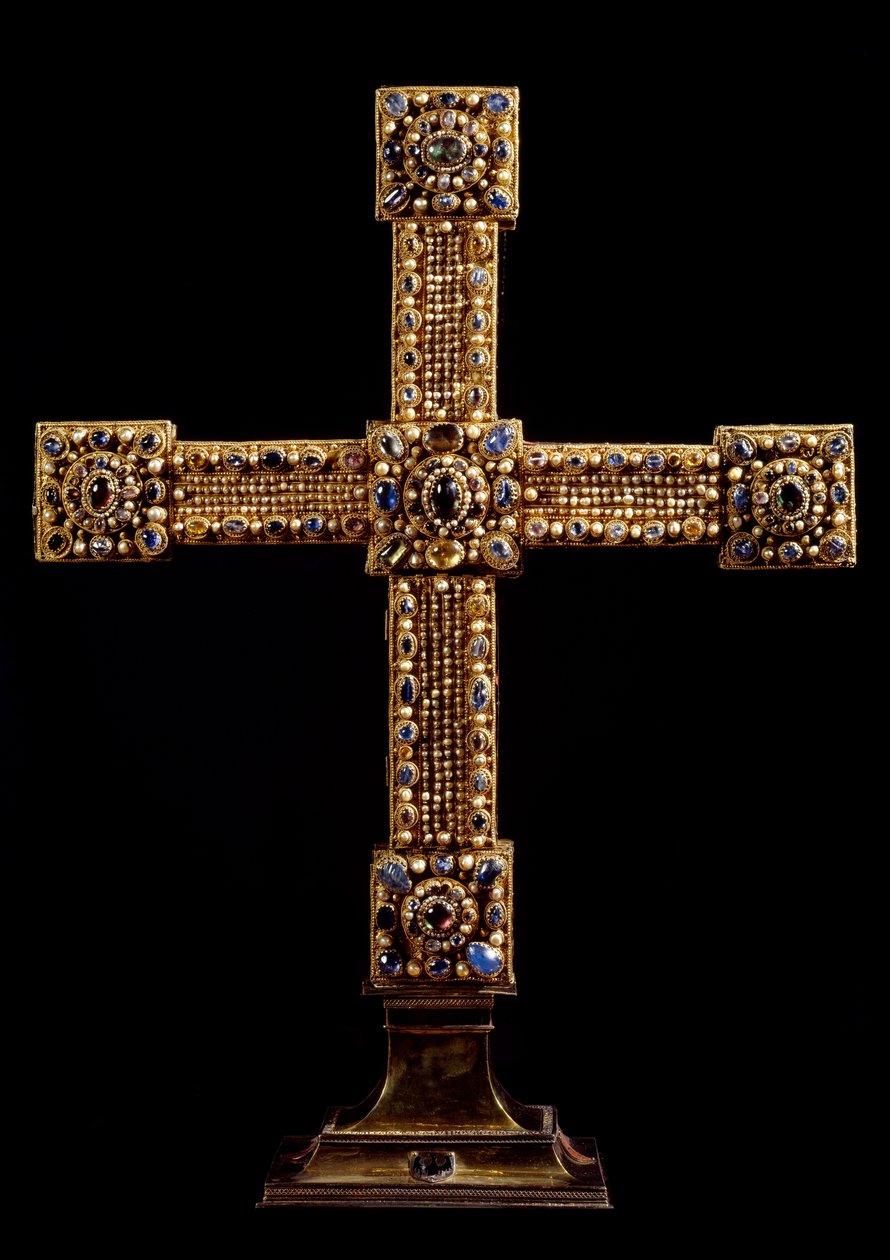Říšský kříž (Reichskreuz) vyrobený ze zlata, kamenů a perel německé výroby. Debut 11. století Dim. 71x77 cm Vídeň, Kunsthistorisches Museum - Kříž Svaté říše římské (Reichskreuz) potažen plátkovým zlatem a zdoben g od German School