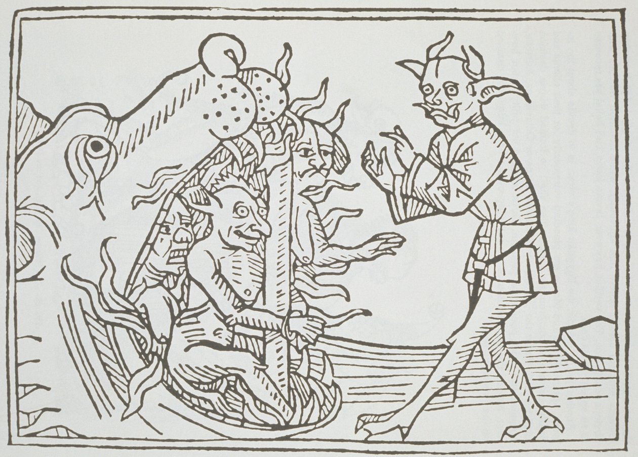 Ďábel Belial před branami pekla, z Das Buch Belial, vydané v Augsburgu, 1473 od German School