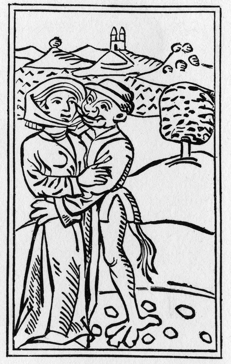 Ďábel v lásce k čarodějnici (Ďáblův polibek) – rytina z roku 1489 v „De lamiis et pythonicis mulieribus““ od Ulricha Molitora““ od German School