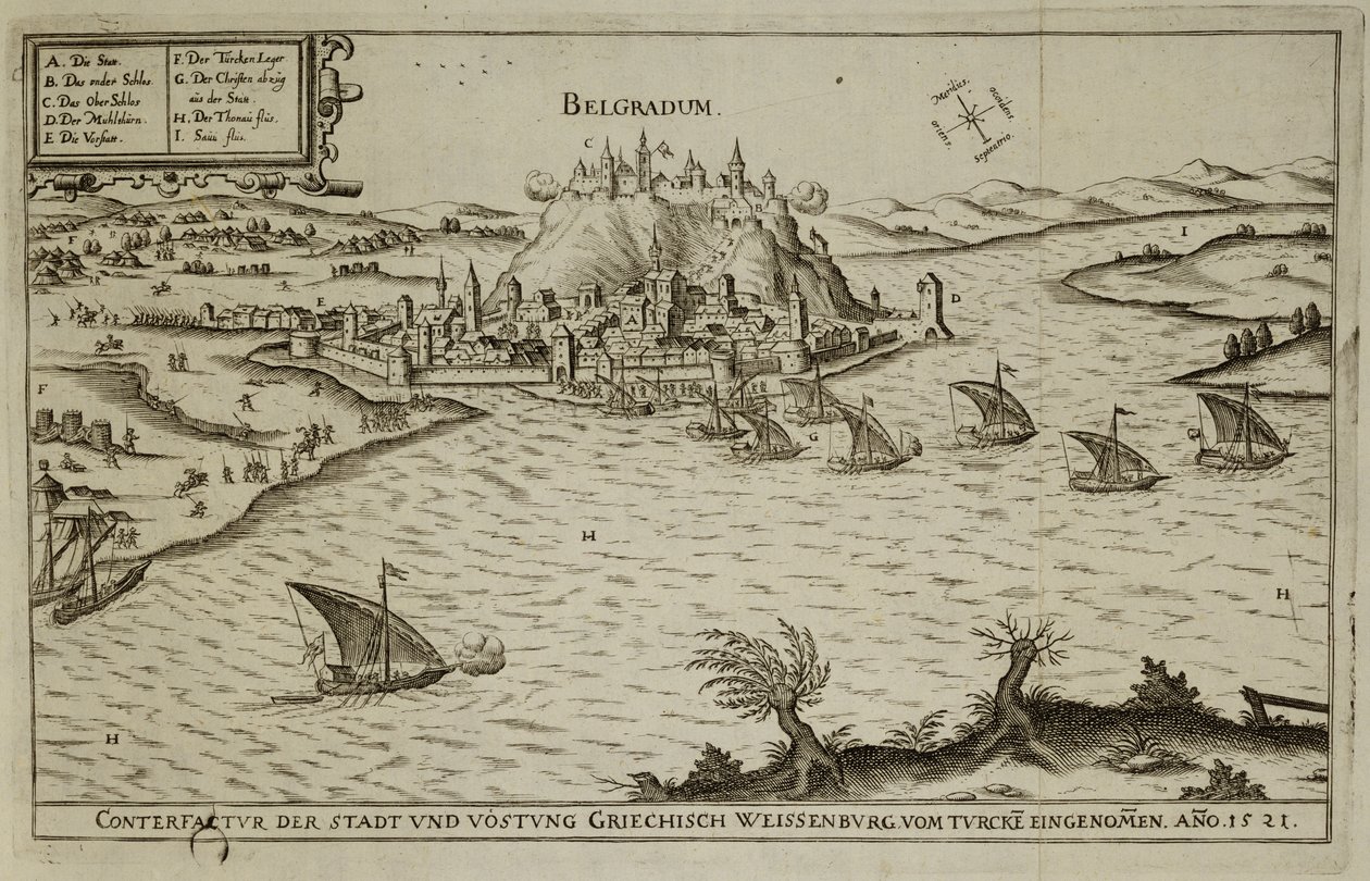 Pád Bělehradu Turkům v roce 1521, ilustrace z knihy o osmanských taženích v Evropě, vyryl Paul Furst (c.1605-66) od German School