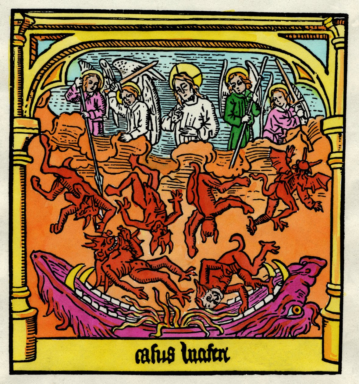 Pád Lucifera a rebelských andělů, ilustrace z kopie ‚Biblia Pauperum‘ od German School