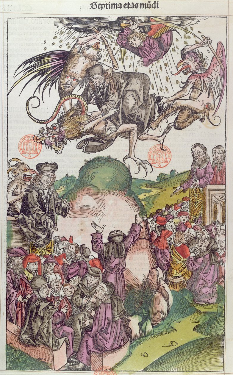 Pád Simona Maguse, z La Chronique de Nuremberg od Hartmanna Schedela, Norimberk, 1492 (barevný dřevoryt) od German School