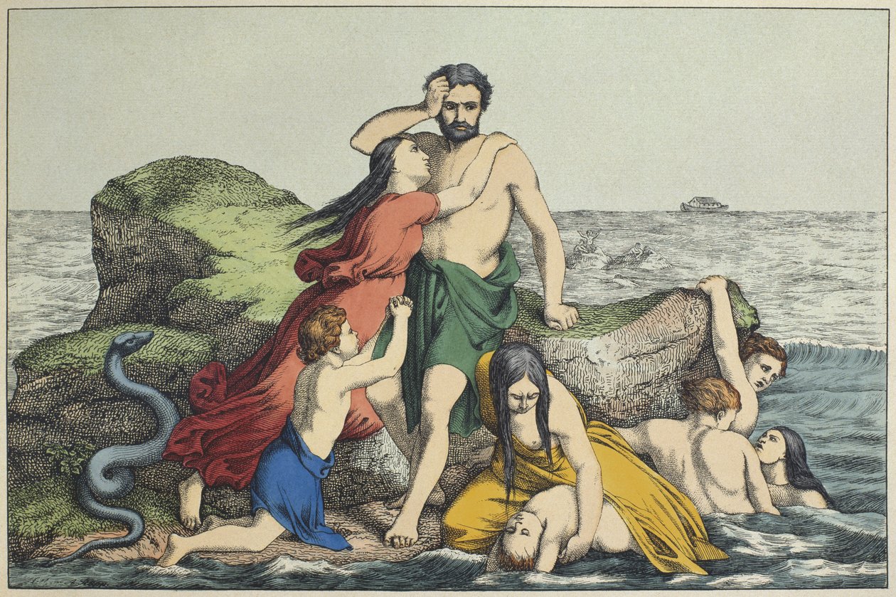 Potopa, ilustrace z LAncien Testament, vydal Jakob Ferdinand Schreiber, Esslingen (barevná rytina) od German School