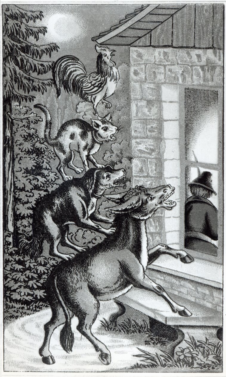 Čtyři zvířátka křičí u okna, ilustrace k pohádce Bratří Grimmů Muzikanti z města Brém. od German School