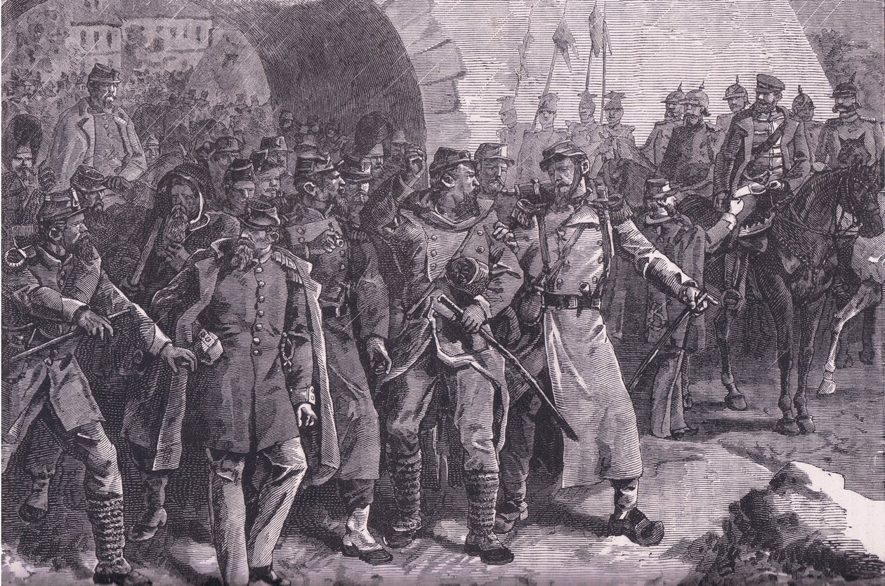Francouzská armáda opouštějící Metz, Cassells Historie války mezi Francií a Německem vydaná Cassell and Company Limited, kolem roku 1890 (litho) od German School