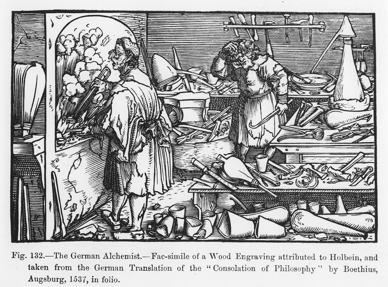 Německý alchymista, z Consolation of Philosophy od Boethia, ilustrace z Vědy a literatury ve středověku a renesanci, napsal a vyryl Paul Lacroix, 1878 (nar. od German School