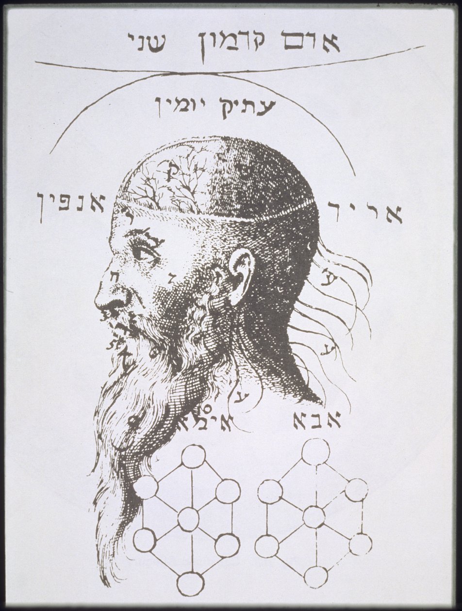 Hlava Adama Kadmona, kopie ilustrace z Kabbala Denudata od Knorra von Rosenrotha, Frankfurt 1684, použitá v Historii magie, publikované koncem 19. století od German School