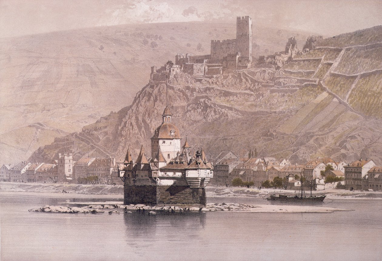 Ostrovní pevnost Pfalzgrafenstein a zámek Gutenfels v Kaubu od German School