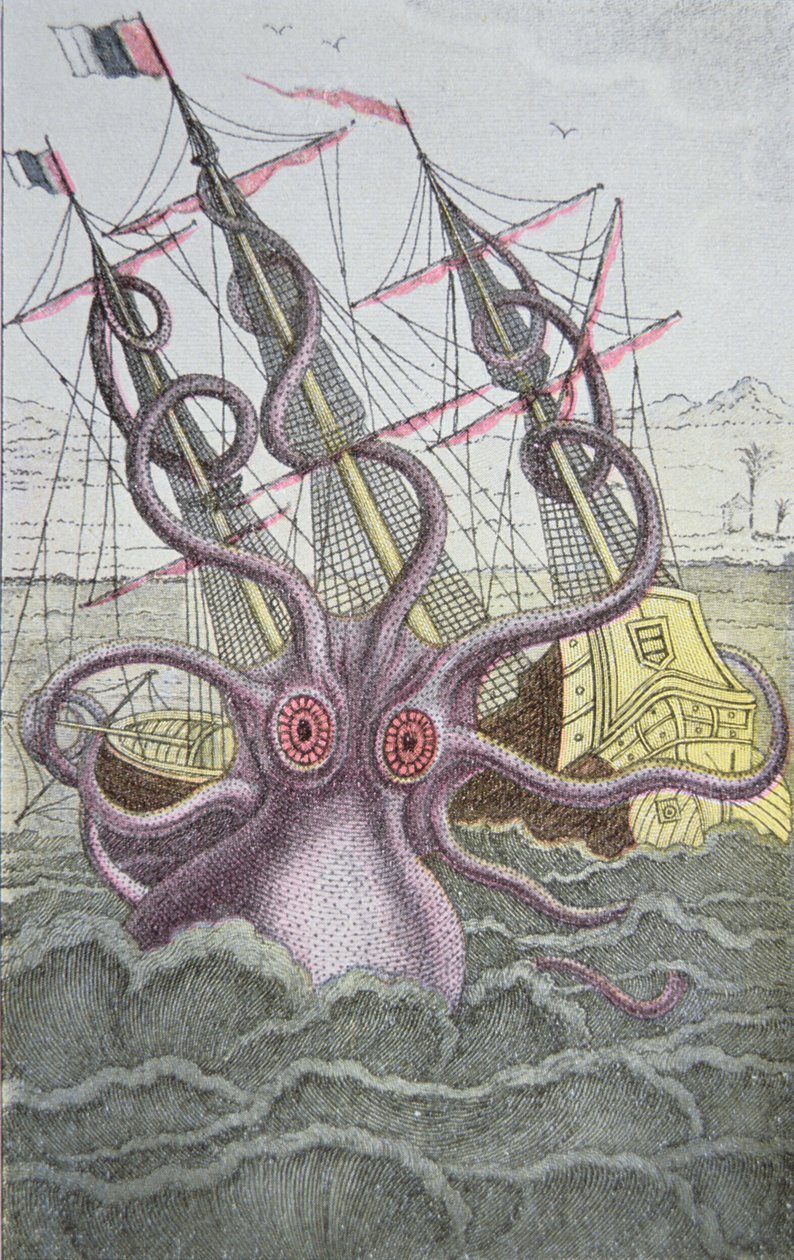 Kraken táhne dolů loď (barevná rytina) od German School