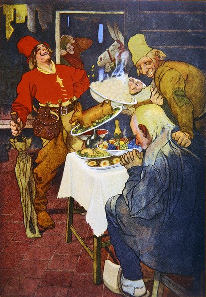Kouzelný stůl a zlatý osel, ilustrace pohádky bratří Grimmů od German School